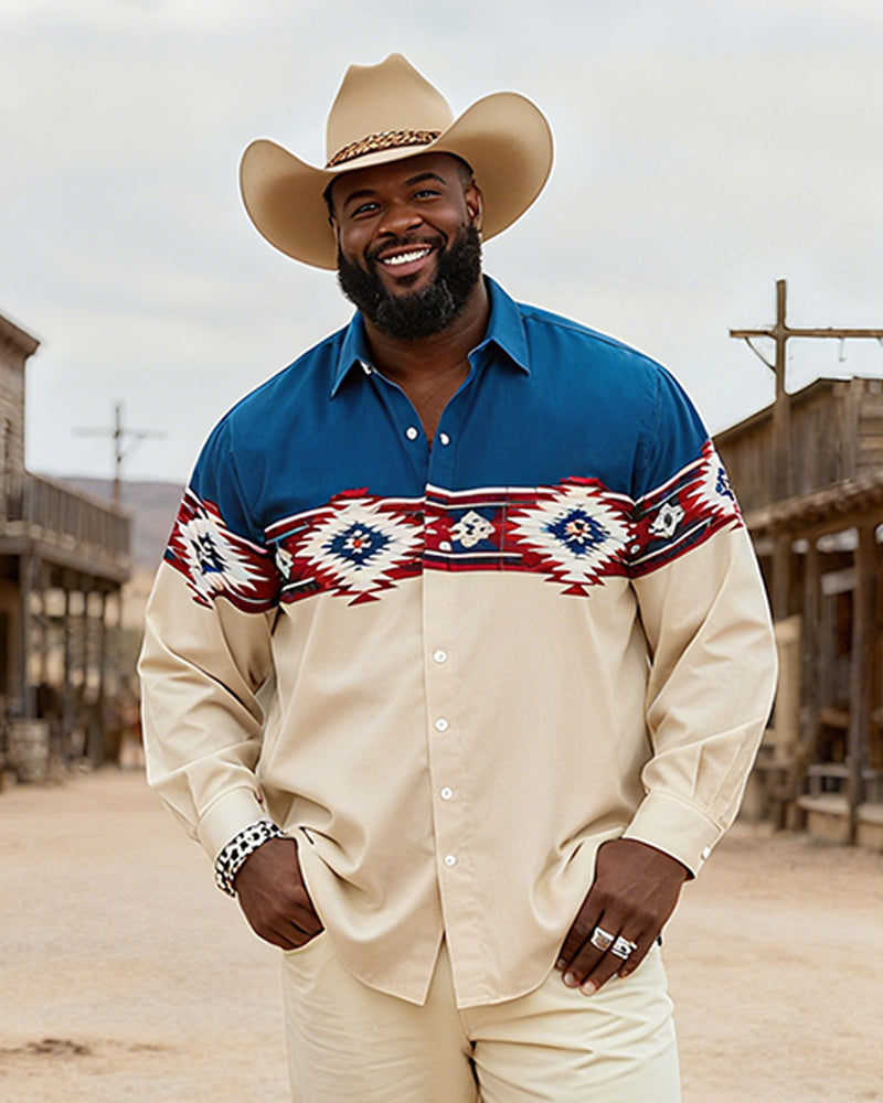 Big & Tall Men's Vintage Navajo Pattern Patchwork Printed Long Sleeve Shirt Pants Set