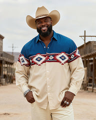 Big & Tall Men's Vintage Navajo Pattern Patchwork Printed Long Sleeve Shirt Pants Set