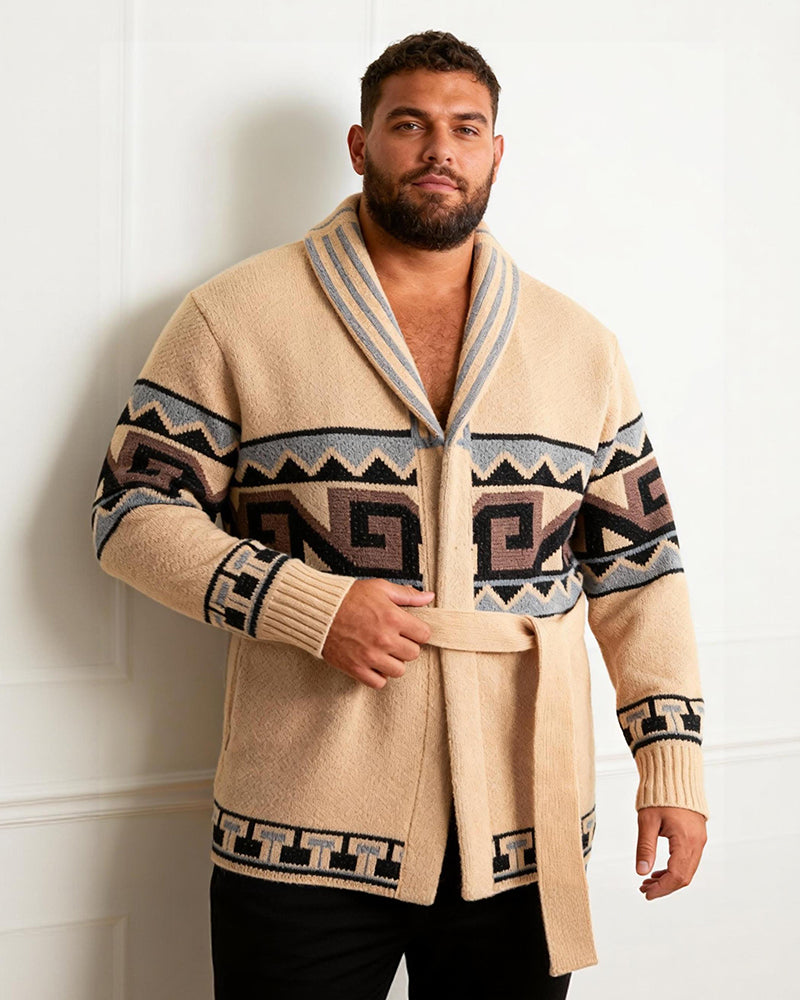 Big & Tall Men's Retro Mid-length Aztec Jacquard Cardigan Sweater Coat M-3XL