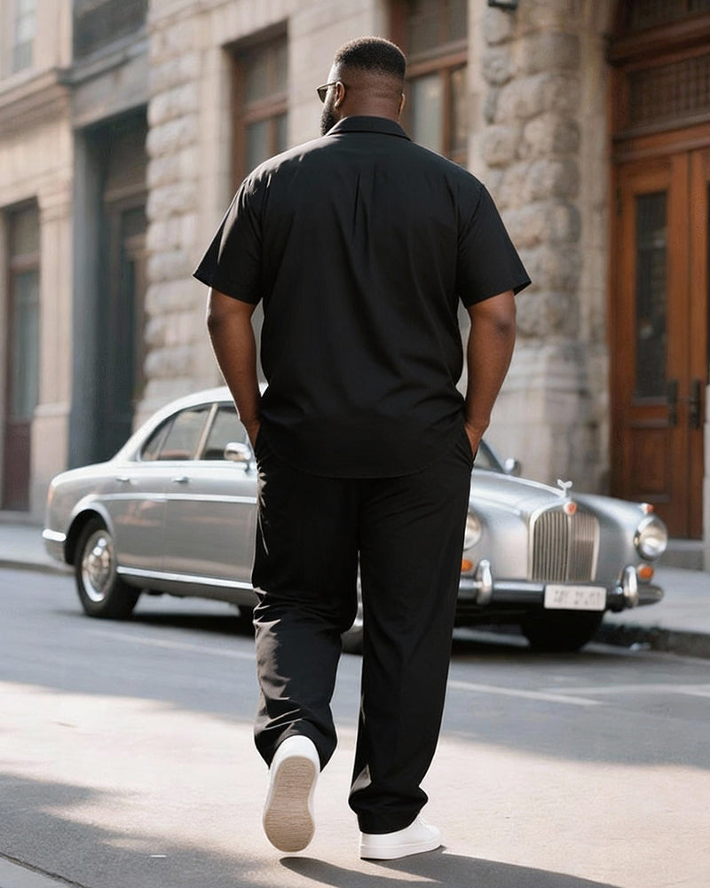 Big & Tall Men's Black Khaki Contrast Geometric Print Short Sleeve Shirt Pants Set