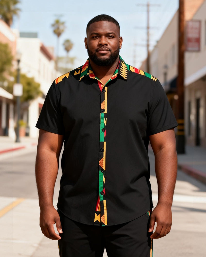Big & Tall Men's Pan-African Ribbon-Trimmed Printed Short-Sleeved Shirt