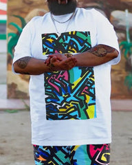 Big & Tall Men's White Bottom Fine Color Geometric Graffiti Print Crewneck Short Sleeve T-Shirt Shorts Set