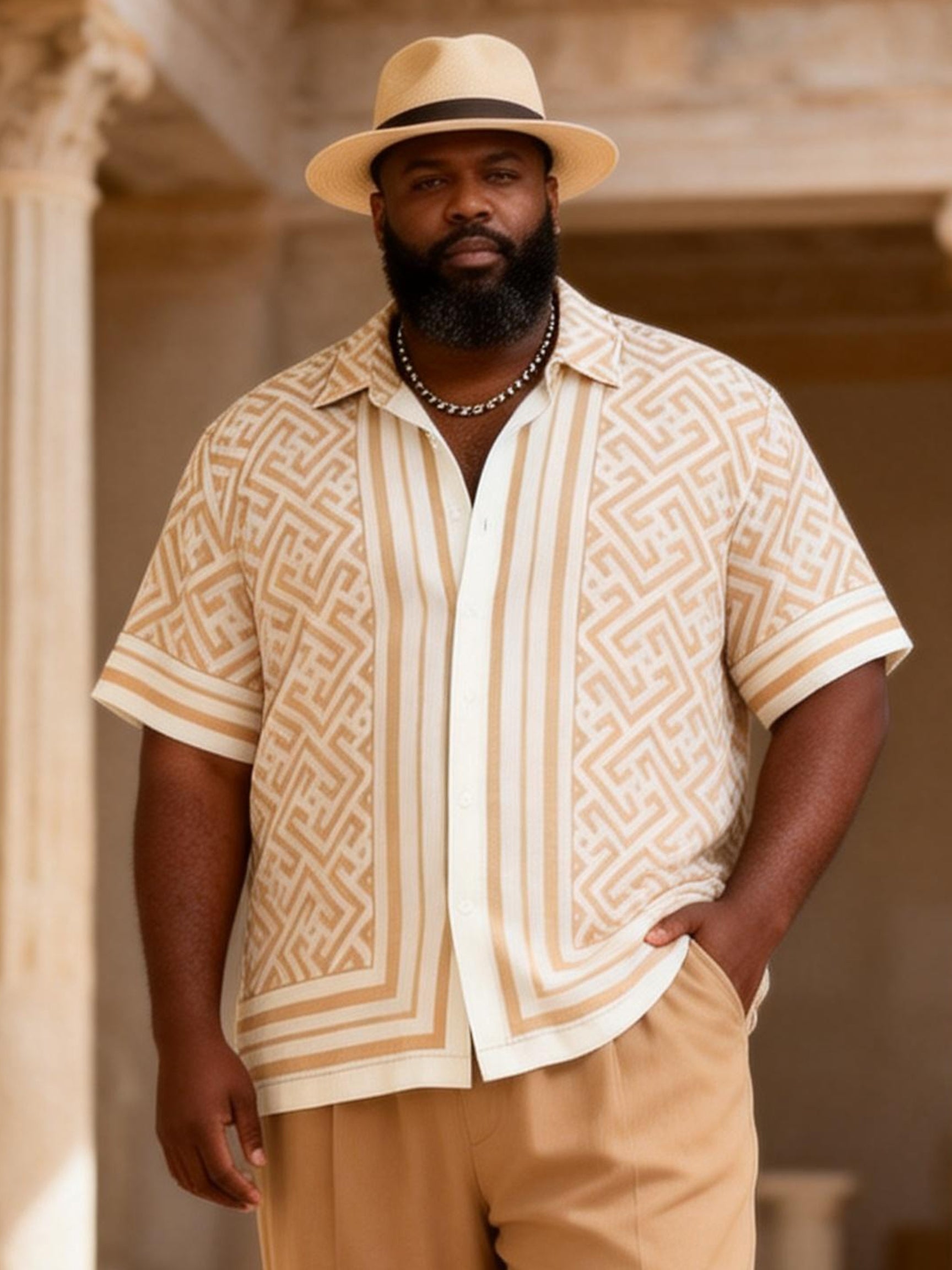 Big & Tall Men's Light Khakis Maze Print Short Sleeve Shirt Pants Set