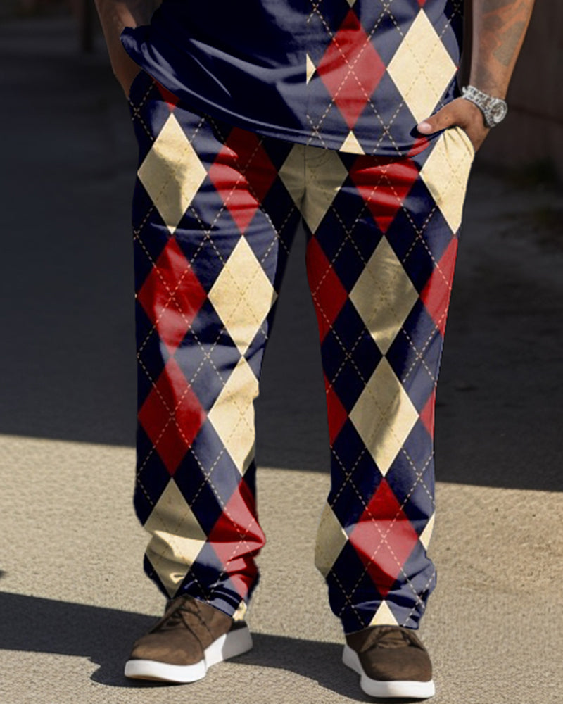 Big & Tall Men's Retro Navy Blue Red Contrast Diamond Print T-shirt Trousers Set