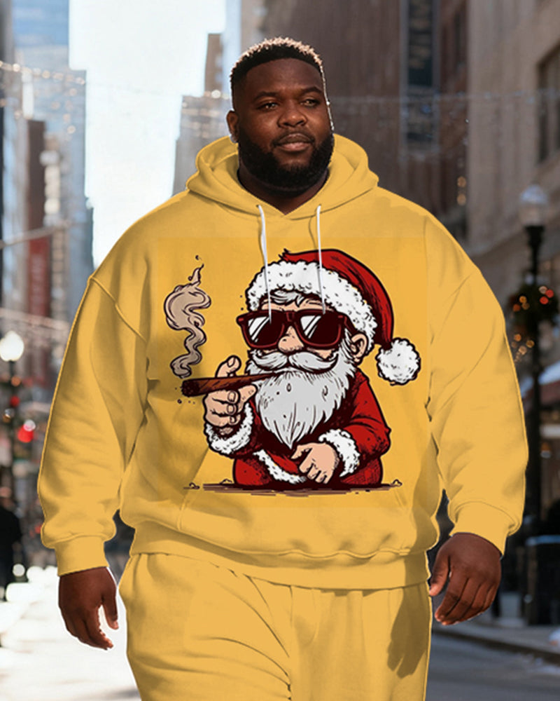 Big & Tall Men's Yellow Fashion Cool Sunglasses Cigar Santa Claus Print Hoodie Set