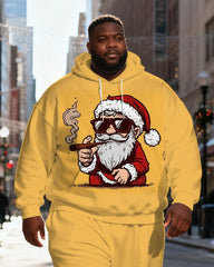 Big & Tall Men's Yellow Fashion Cool Sunglasses Cigar Santa Claus Print Hoodie Set