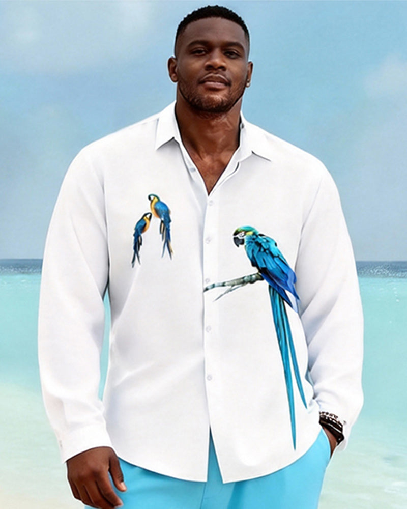 Big & Tall Men's White Blue Parrot Print Long Sleeve Shirt Pants Set