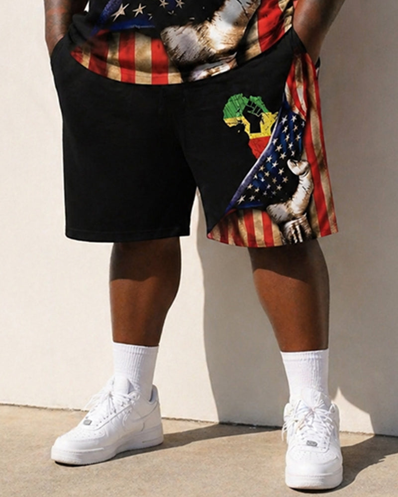 Big & Tall Men's Reggae Color Matching African Map Fist American Flag Printed Crewneck Short Sleeve T-Shirt Shorts Set