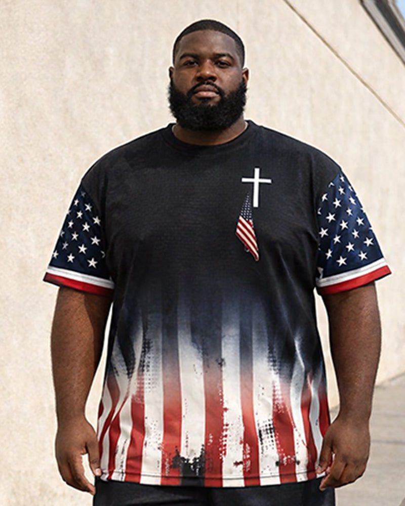 Big & Tall Men's American Flag Cross Splash Ink Star Printed Round Neck Short Sleeve T-Shirt Shorts Set
