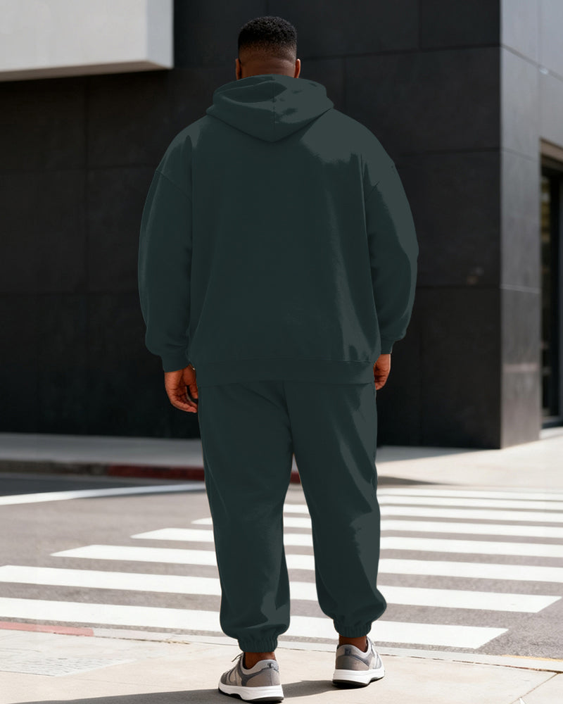 Big & Tall Men's Dark Green Contrast Strap Decorative Printed Hoodie Set