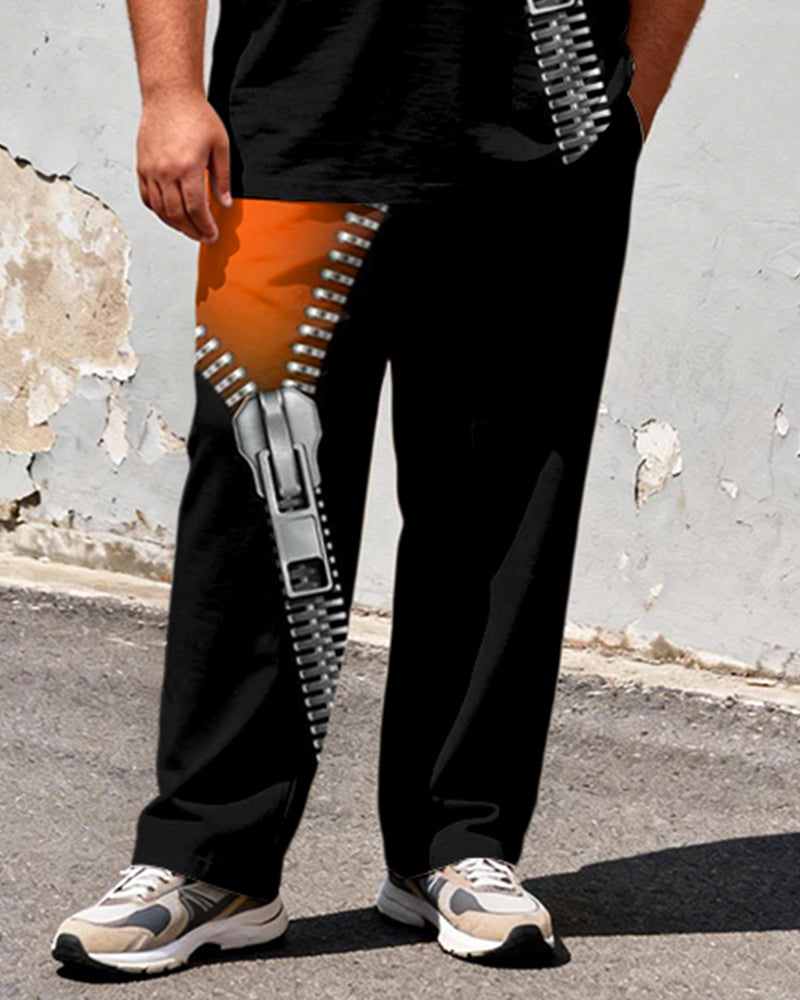 Big & Tall Men's Contrast Orange And Black Zipper Printed T-Shirt Pants Set