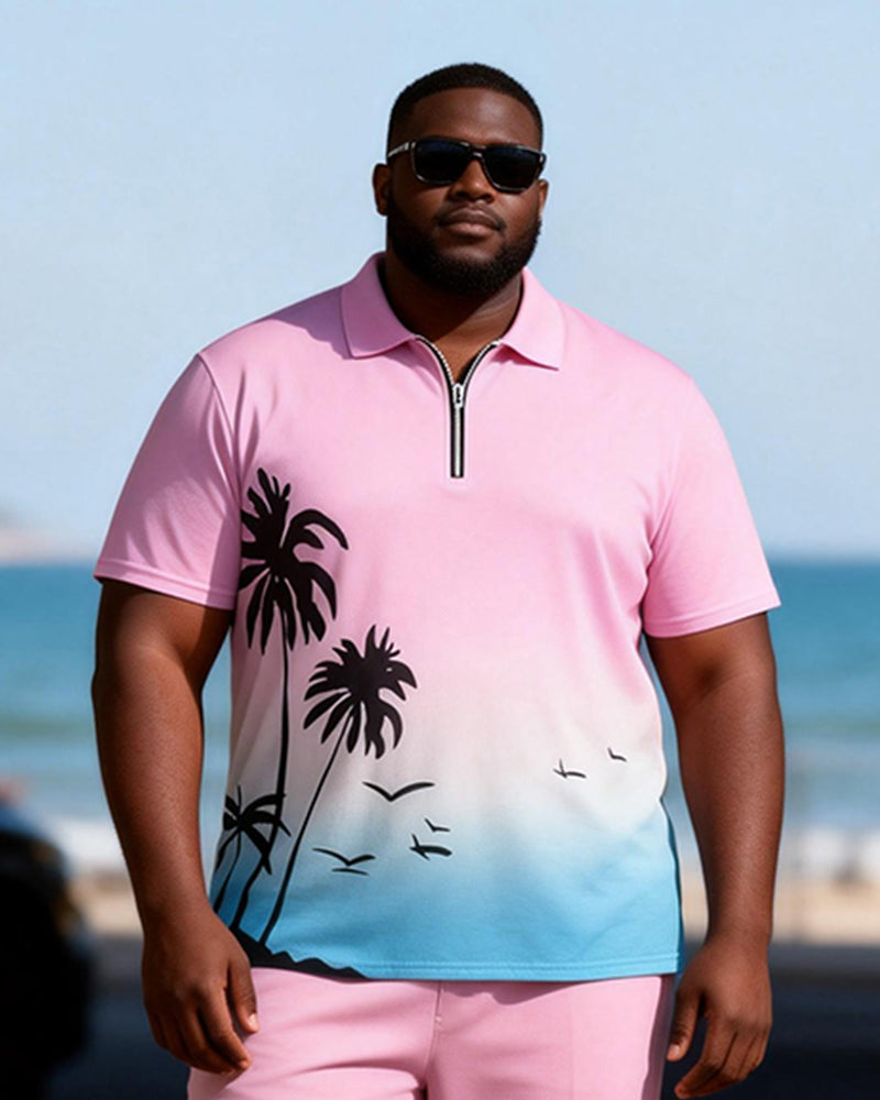 Big & Tall Men's Pink Blue Gradient Coconut Print Zipper Polo Short Sleeve Pants Set