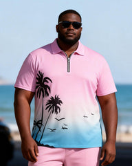 Big & Tall Men's Pink Blue Gradient Coconut Print Zipper Polo Short Sleeve Pants Set