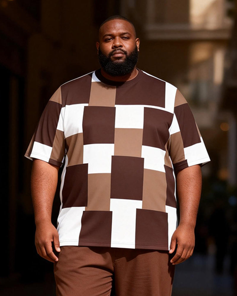 Big & Tall Men's Brown And White Checkerboard Printed T-Shirt Pants Set