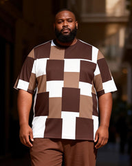Big & Tall Men's Brown And White Checkerboard Printed T-Shirt Pants Set