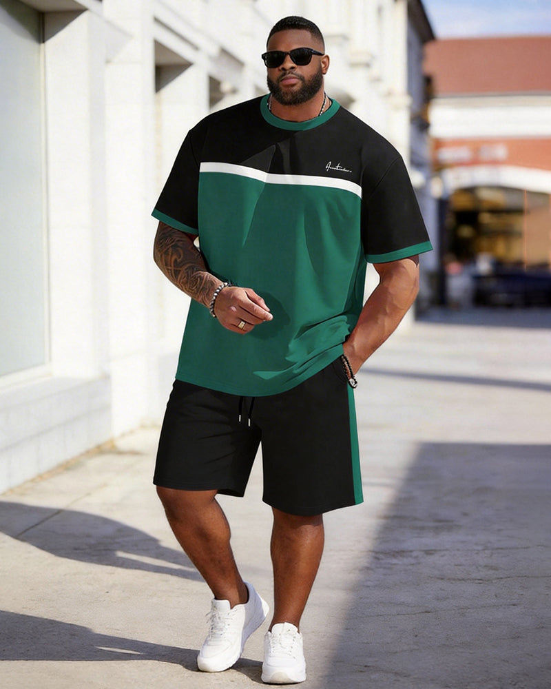 Big & Tall Men's Black And Green Color Block Printed Round Neck Short Sleeve T-shirt Shorts Set
