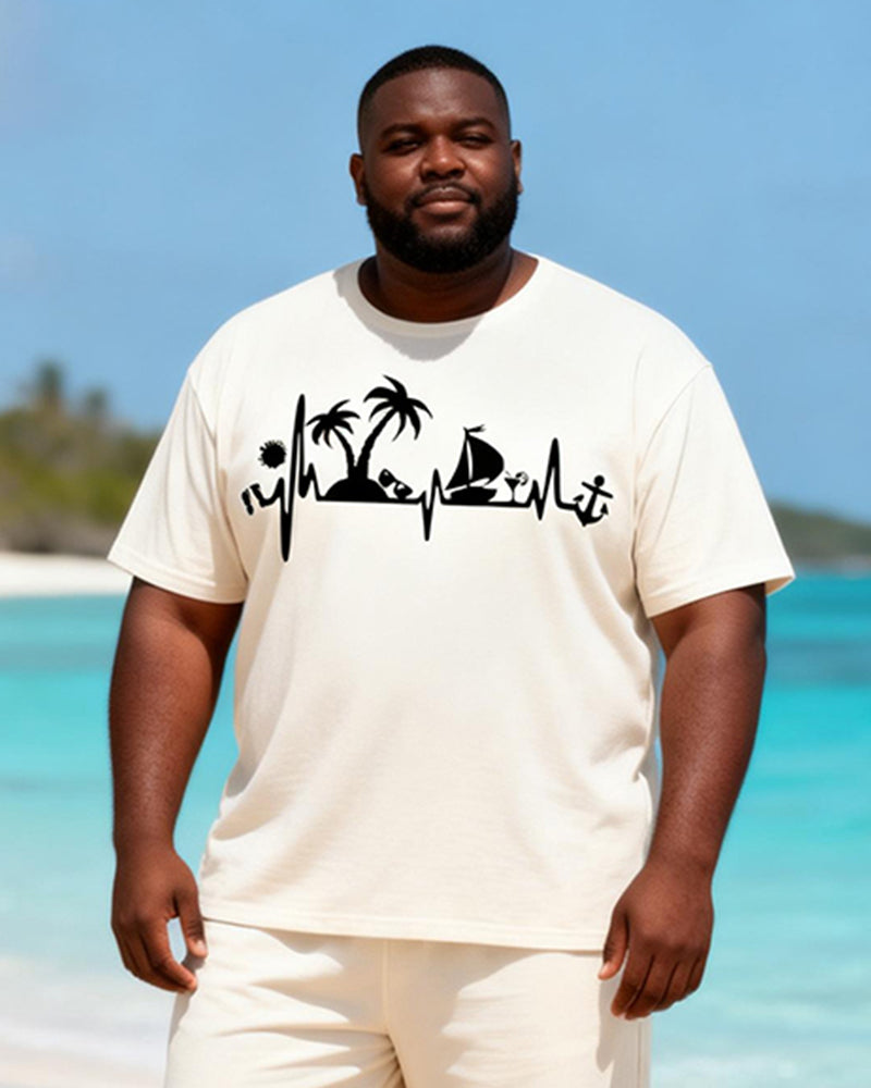 Big & Tall Men's White Beach ECG Printed Crewneck Short Sleeve T-Shirt Shorts Set
