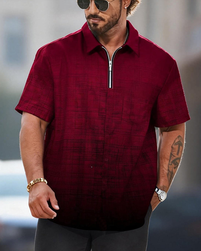 Big & Tall Men's Red Gradient Check Print Zipper Polo Short Sleeve Pants Set