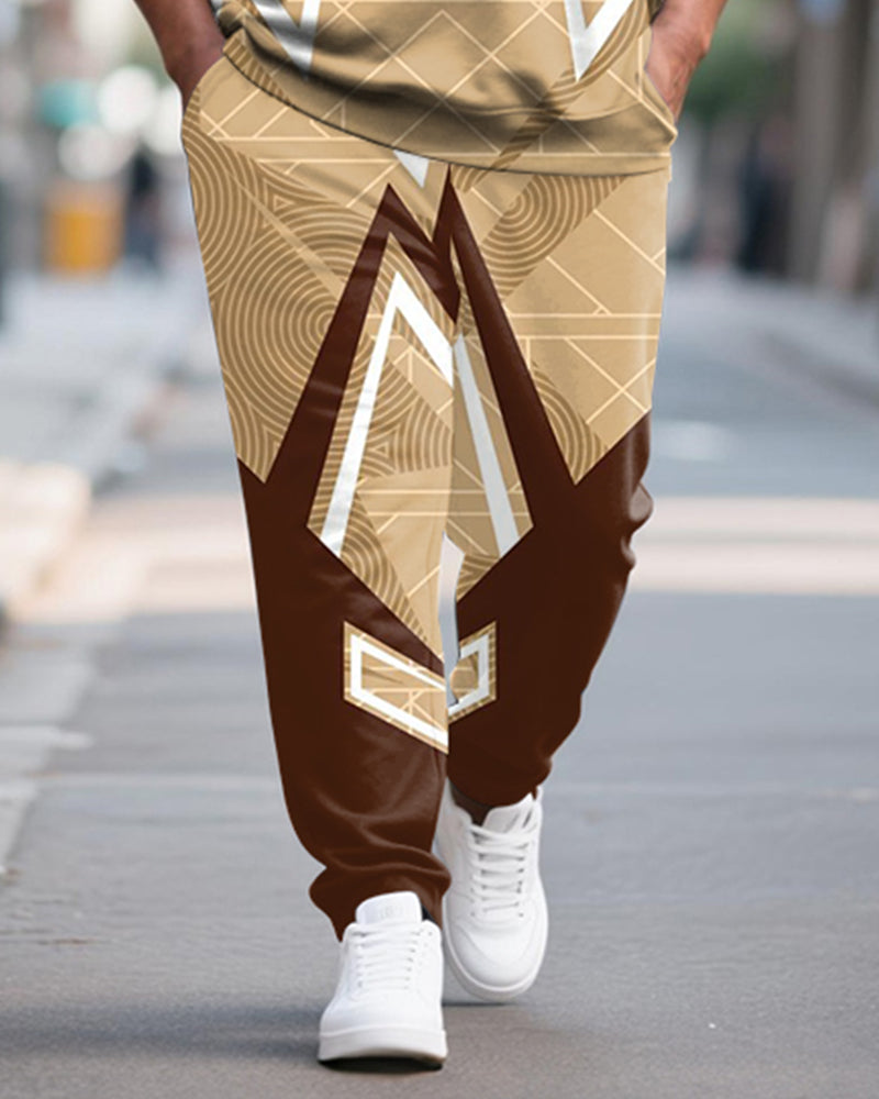 Big & Tall Men's Yellow Brown Geometric Print POLO Collar Zipper Long Sleeve Pants Two-Piece Set