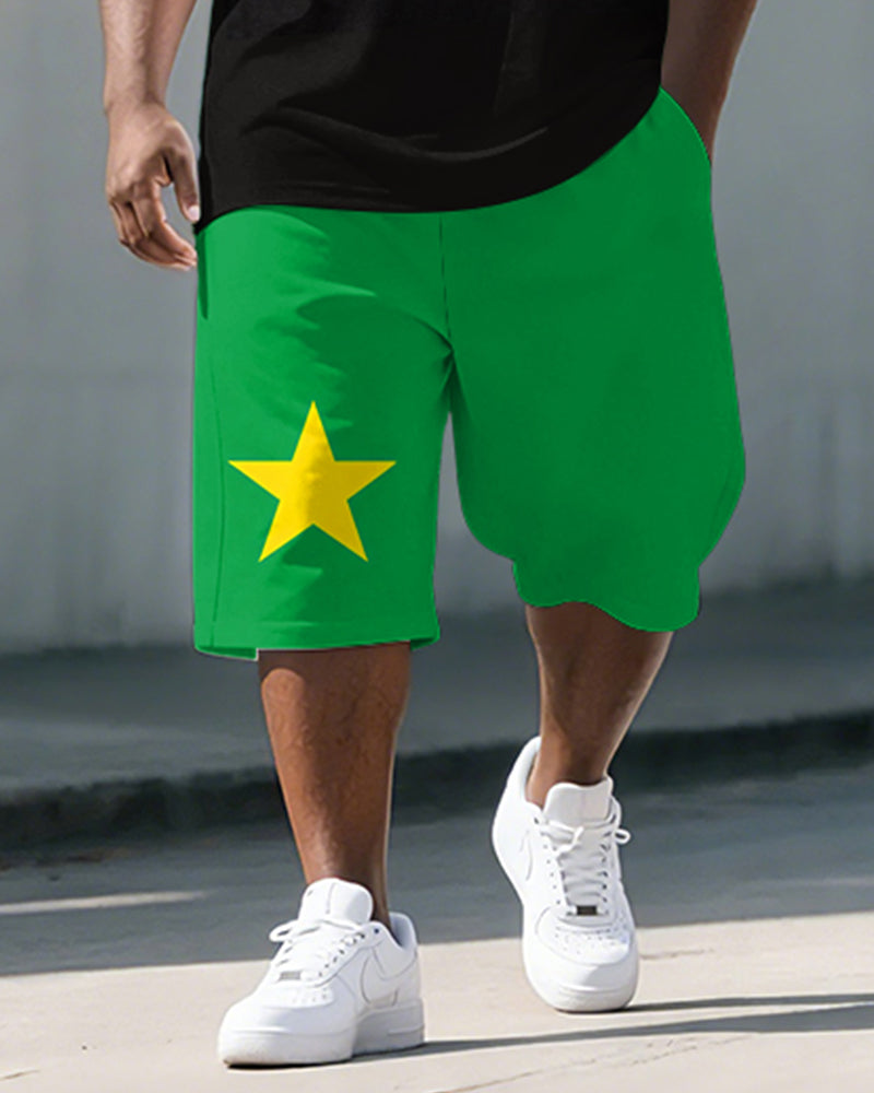 Big & Tall Men's Juneteenth Flag Reggae Color Print POLO Short Sleeve Shorts Set