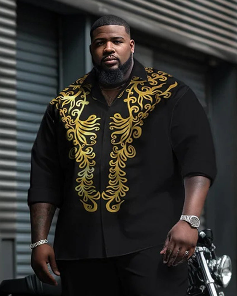 Big & Tall Men's Black And Gold Baroque Print Long Sleeve Shirt Pants Set