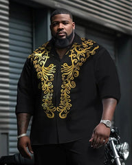 Big & Tall Men's Black And Gold Baroque Print Long Sleeve Shirt Pants Set