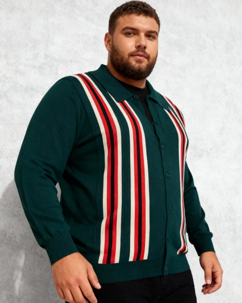 Big & Tall Men's Business Colorblock Striped Long Sleeve Polo Sweater M-3XL