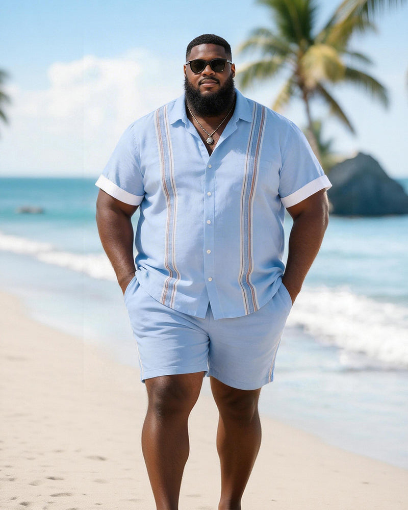 Big & Tall Men's Vertical Stripe Contrast Printed Short Sleeve Shirt Shorts Set