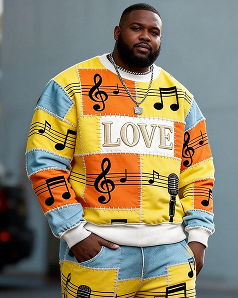 Big & Tall Men's LOVE Note Contrast Stitching Printed Round Neck Sweater Set
