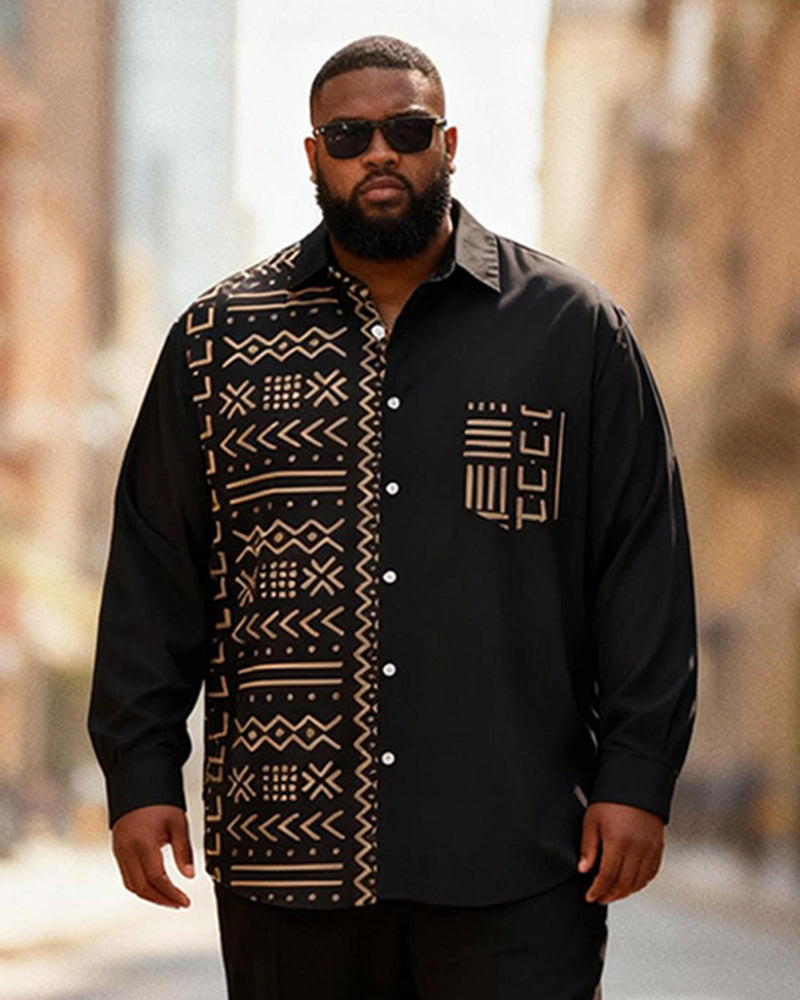 Big & Tall Men's Black Brown Pattern Asymmetric Stitching Printed Long Sleeve Shirt Pants Set