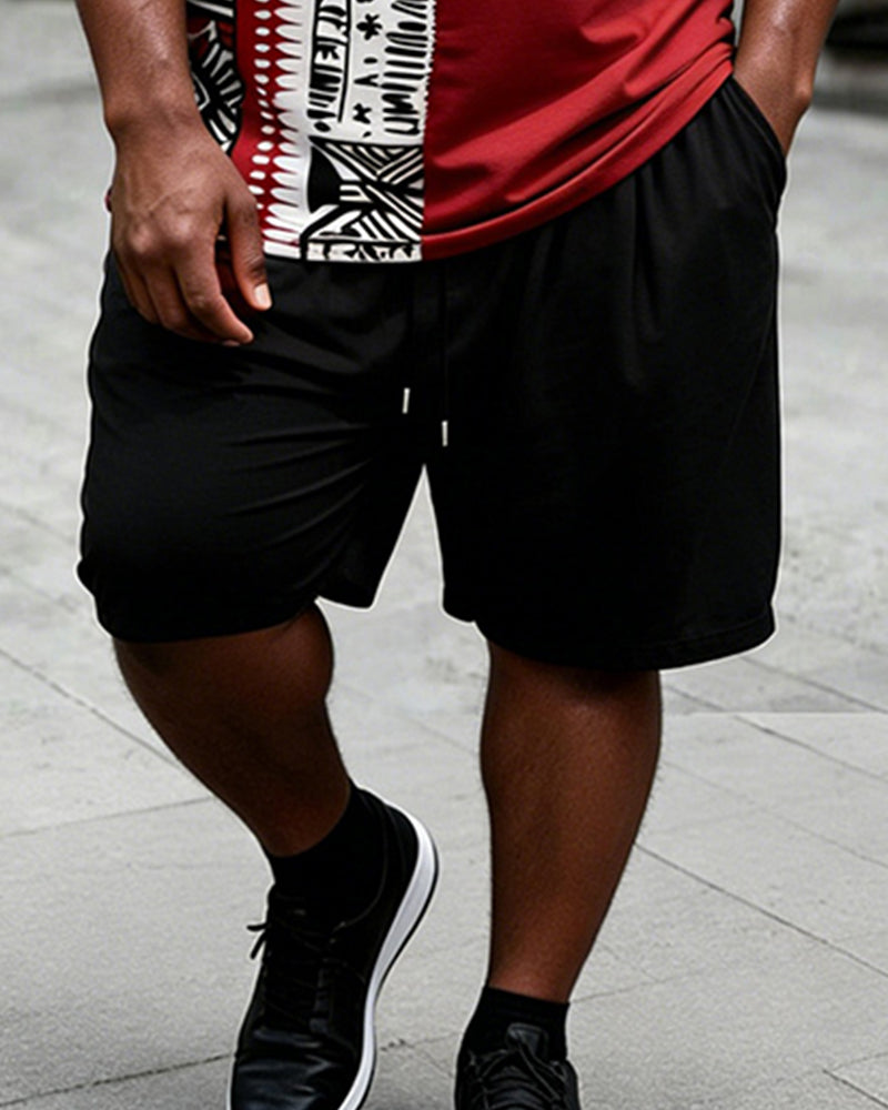 Big & Tall Men’s Patchwork Abstract Face Ethnic-Style Printed Crewneck Short-Sleeve T-Shirt And Shorts Set