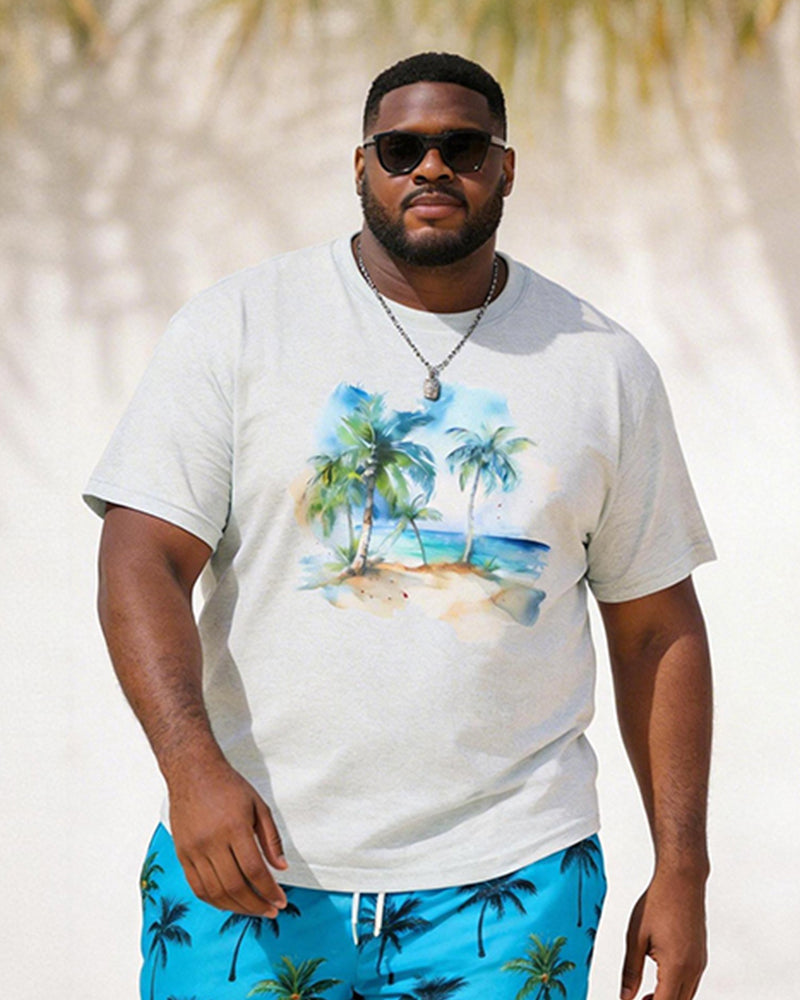 Big & Tall Men's Watercolor Coconut Print Round Neck Short Sleeve T-Shirt Shorts Set