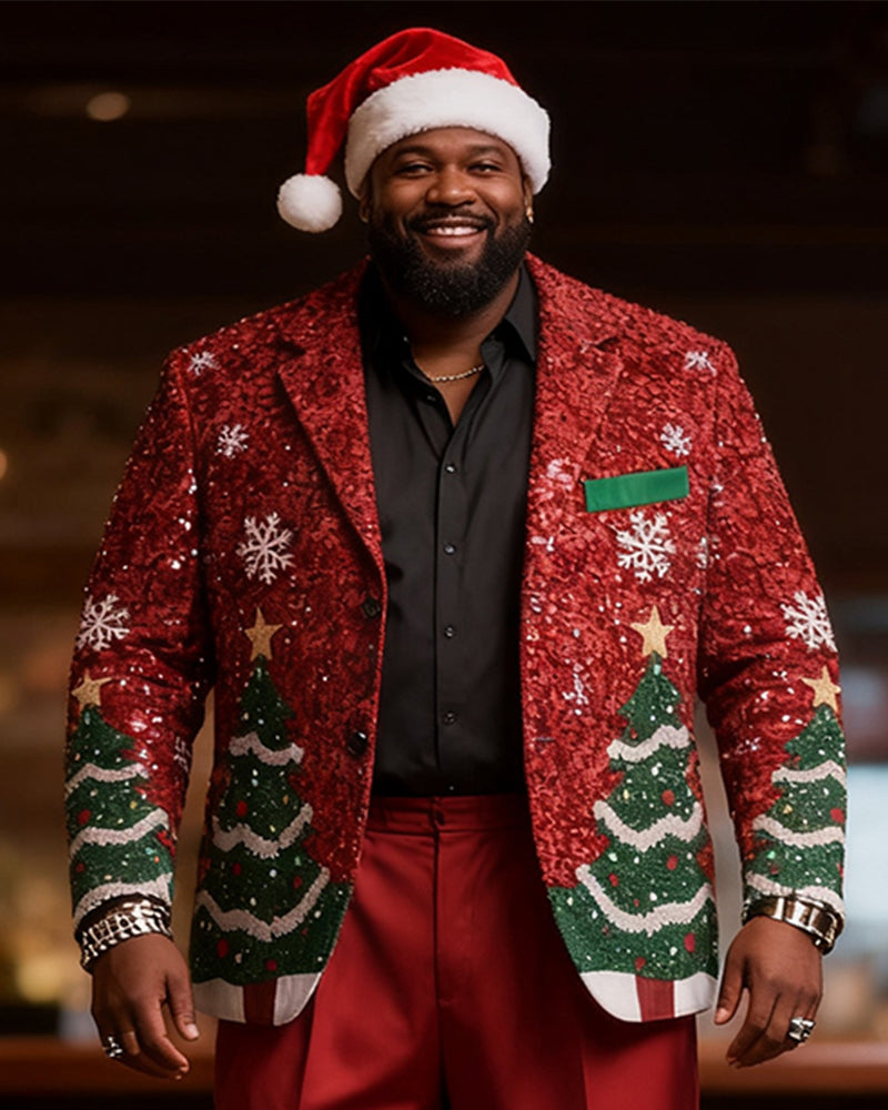 Big & Tall Men's Christmas Sequins Christmas Tree Print Suit