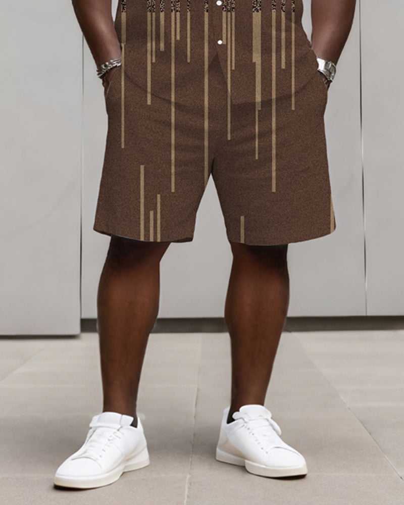 Big & Tall Men's Business Brown Geometric Stripe Print Long Sleeve Shirt Shorts Set