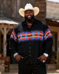 Big & Tall Men's Western Color Navajo Pattern Patchwork Printed Long Sleeve Shirt Pants Set