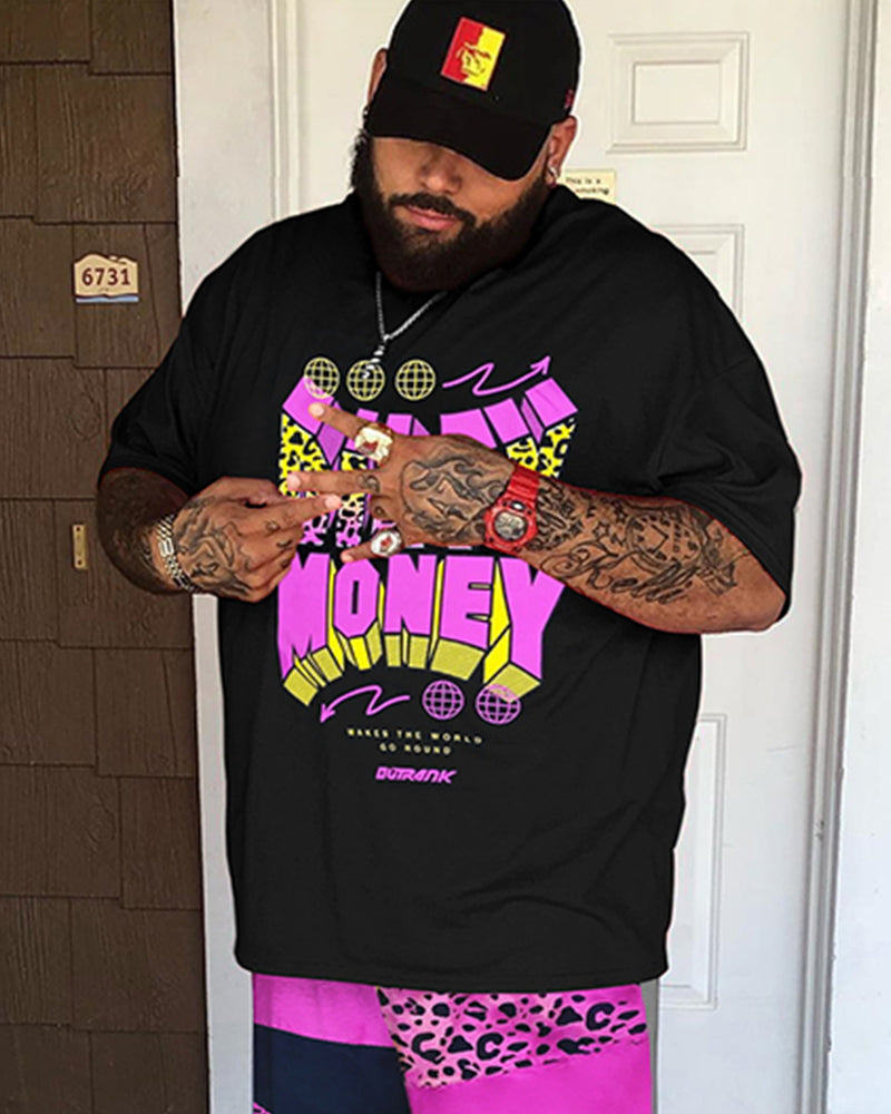 Big & Tall Men's Red Cartoon Character Letter Print Round Neck Short Sleeve T-Shirt Shorts Set