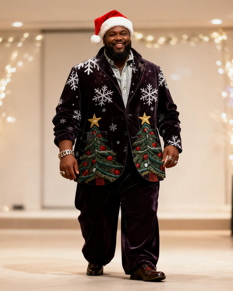 Big & Tall Men's Black Christmas Tree Snowflake Print Suit