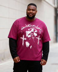 Big & Tall Men's Religious Thorn Head Printed Fake Two Long Sleeve T-Shirts
