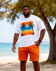 Big & Tall Men's Orange Blue Contrast Coconut Print Round Neck Short Sleeve T-Shirt Shorts Set