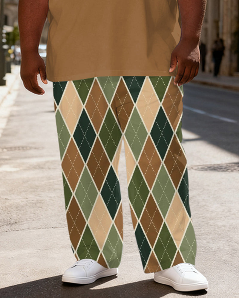 Big & Tall Men's Retro Brown Green Rhomboid Printed T-Shirt Pants Set