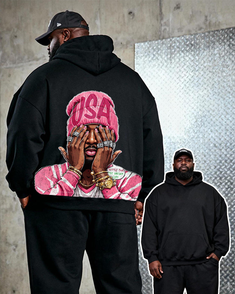 Big & Tall Men's Black Pink "USA" Hat Ornament Cartoon Printed Hoodie Set