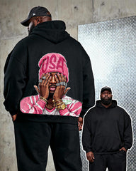 Big & Tall Men's Black Pink "USA" Hat Ornament Cartoon Printed Hoodie Set