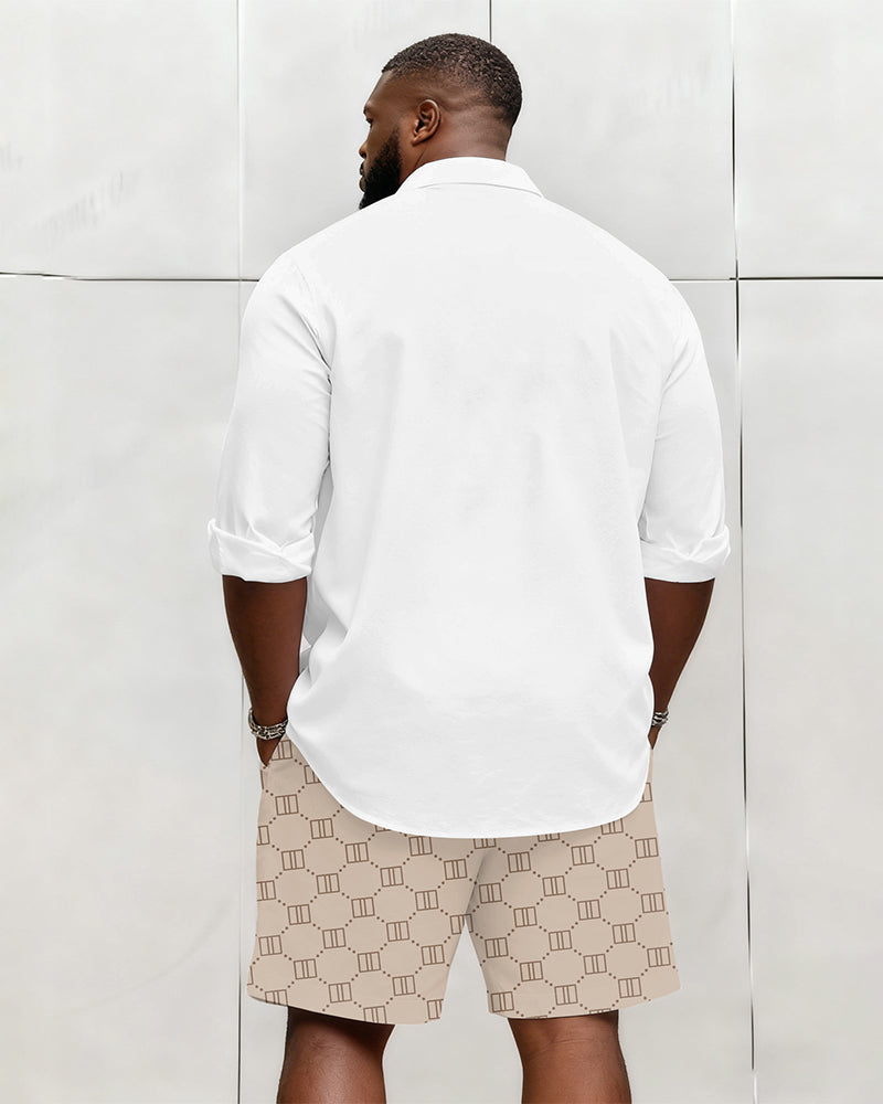 Big & Tall Men's Business Khaki Geometric Stripe Print Long Sleeve Shirt Shorts Set