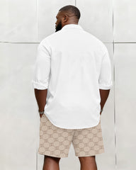 Big & Tall Men's Business Khaki Geometric Stripe Print Long Sleeve Shirt Shorts Set