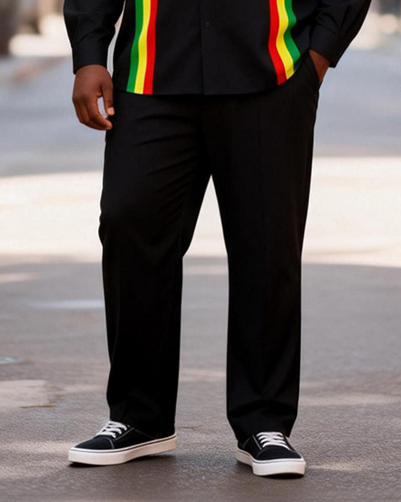 Big & Tall Men's Reggae Color Matching Love Striped Printed Long Sleeve Shirt Pants Set