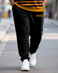 Big & Tall Men's Black And Yellow Striped Letter Printed POLO Collar Zipper Long Sleeve Pants Two-Piece Set