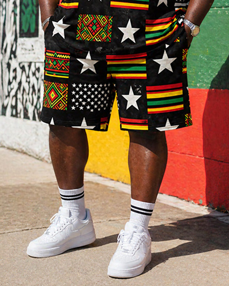 Big & Tall Men's Reggae Color Star Geometric Print Round Neck Short Sleeve T-Shirt Shorts Set