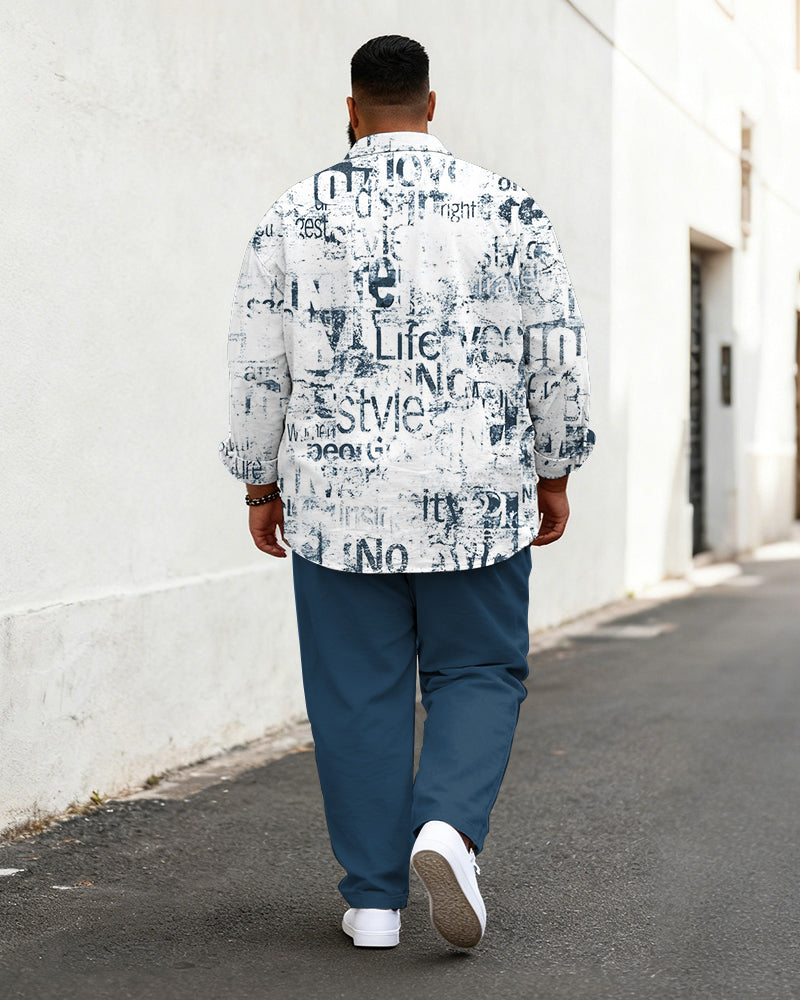 Big & Tall Men's Business Graffiti Letter Print Long Sleeve Shirt Pants Set
