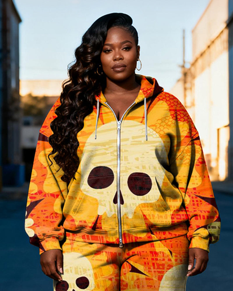 Women's Plus Size Halloween Orange Skull Floral Print Cardigan Hoodie Set