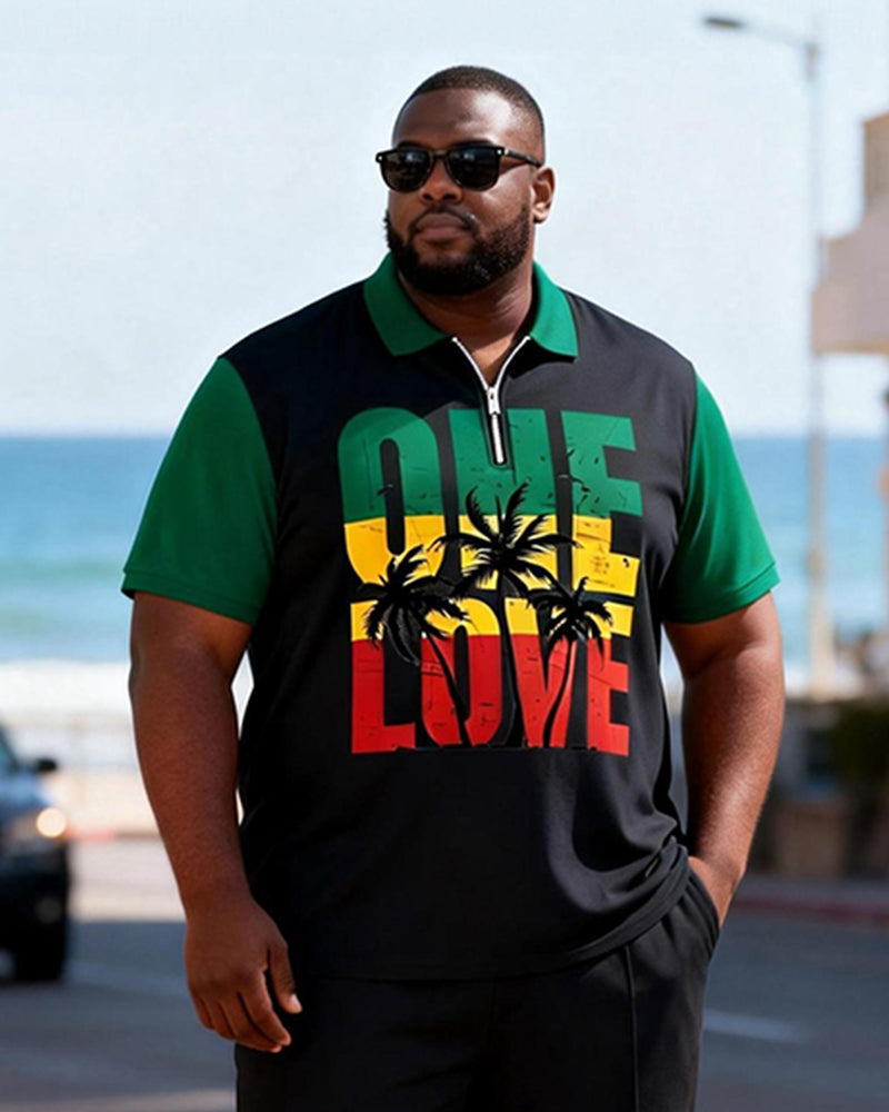 Big & Tall Men's Jamaican One Love Printed Zipper Polo Short Sleeve Pants Set